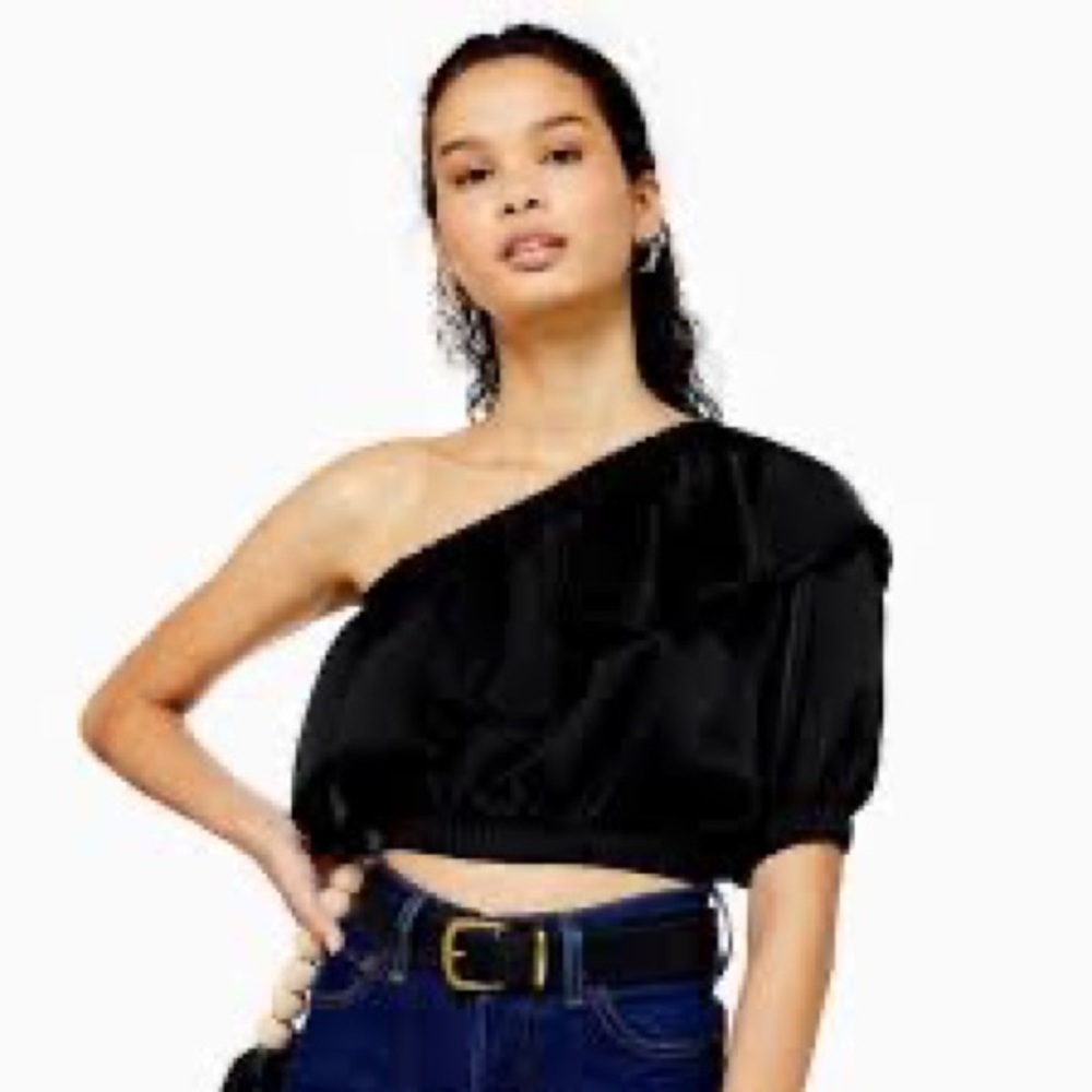 New Express Women’s Silky Black One Shoulder Cropped Blouse Off-Shoulder Top